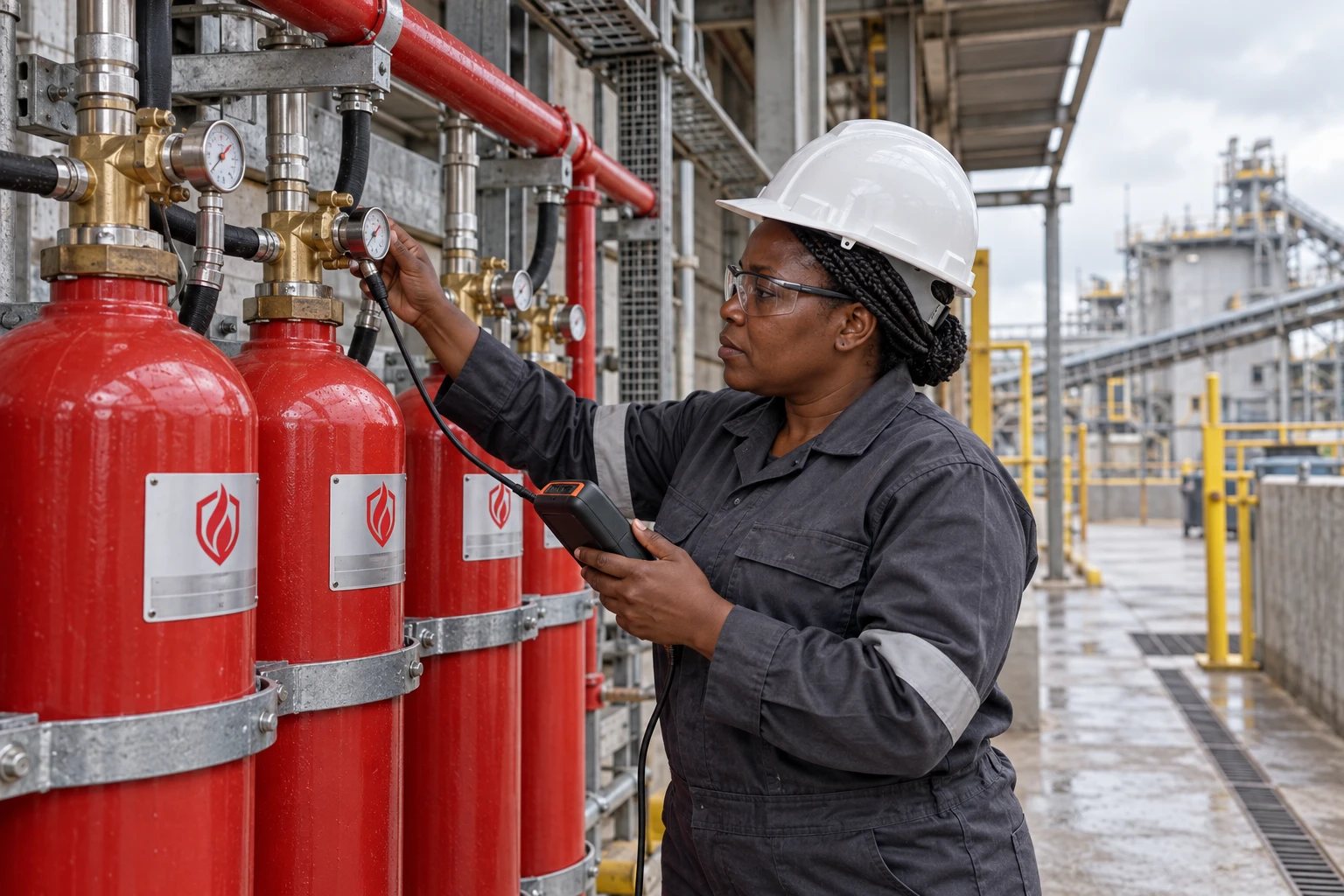 Overseas safety technician inspecting LOONG suppression equipment