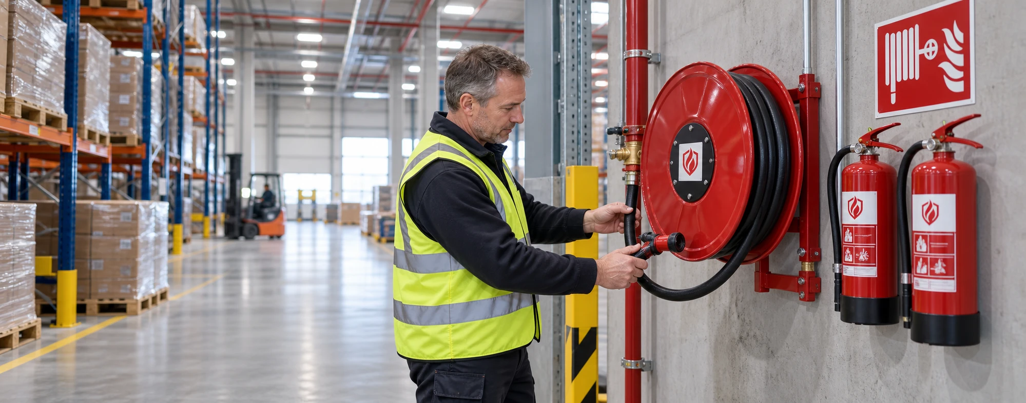 European warehouse technician inspecting LOONG fire protection products