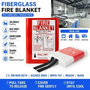 0.43mm Fiberglass Fire Blanket 1.5×1.5m PVC Case CE EN1869 Grease Fire Protection