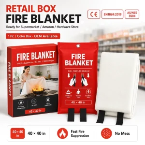 1*1m Fire Blanket CE Certified Fiberglass PVC Soft Bag and Color Box for EU US Market