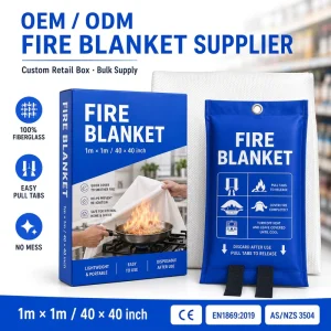 1 by 1m Fire Blankets CE Certified Fiberglass Retail Box Pack with PVC Soft Bag for Supermarket Shelf