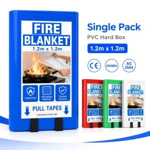 1.2*1.2m CE EN1869 Certified Fiberglass Fire Blanket 0.43mm PVC Hard Box Single Pack OEM Kitchen Safety