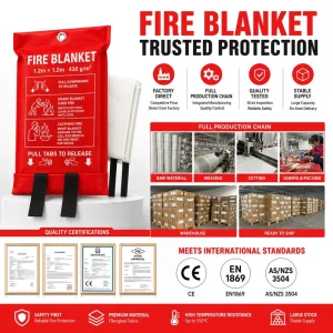1.2*1.2m Fiberglass Fire Blanket 430gsm PVC Pouch for Kitchen Oil Fire BBQ and Camping Safety