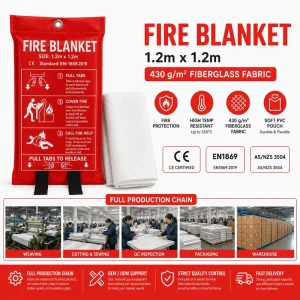 1.2*1.2m Fiberglass Fire Blanket PVC Pouch 430gsm for Kitchen Fire Suppression