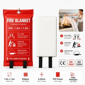 1.2*1.2m Fire Safety Blanket 430gsm Fiberglass Fabric PVC Pouch for Home Hotel Restaurant Use
