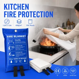 1.2*1.2m Kitchen Fire Blanket 430gsm Fiberglass with Pull Tabs PVC Pouch for Grease Fire Control