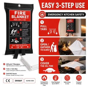1.2m Fiberglass Fire Blanket with PVC Storage Bag 430gsm for Grease Fire Home and Office Safety