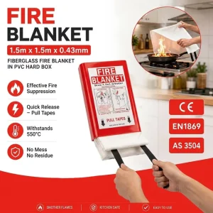 1.5*1.5m 0.43mm Fiberglass Fire Blanket PVC Hard Box CE EN1869