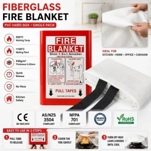 1.5*1.5m 0.43mm Fiberglass Fire Blanket PVC Hard Box CE EN1869 AS3504