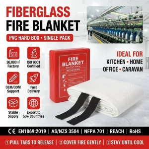 1.5*1.5m Fiberglass Fire Blanket Hard Box CE EN1869 ISO9001 OEM Private Label Support