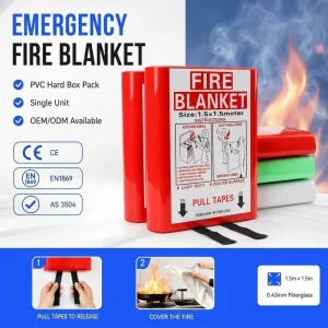1.5*1.5m PVC Hard Box Fire Blanket 0.43mm Fiberglass Fabric for Hotel Restaurant Kitchen Use