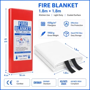 1.8m * 1.8m Large Fire Blanket EN1869 Fiberglass PVC Box Single Pack Retail Ready