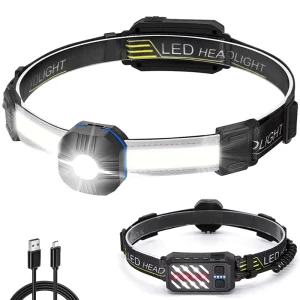 1200mAh Rechargeable LED Headlamp for Running Wide Beam Headlight Flashlight with Red Taillight COB Head Torch Light Waterproof