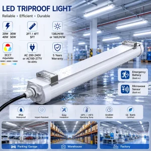 2FT 4FT 5FT LED Triproof Batten Light 20W-50W with Built-in Microwave Sensor and Emergency Battery Options for Garage Warehouse