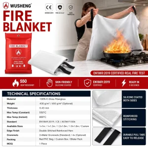 47×47 Inch 100% Fiberglass Fire Blanket CE EN1869 Certified Heat Resistant Chemical & Abrasion Resistant Home Kitchen Use
