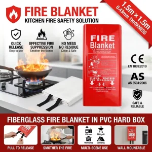 AS 3504 CE Certified 1.5*1.5m 0.43mm Fiberglass Fire Suppression Blanket PVC Hard Box Wall Mount