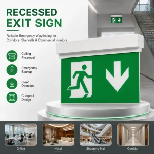 Architectural Grade Auto Test Double Sided 3W LED Emergency Exit Sign Directional Indicator Battery Backup for Municipal Centers
