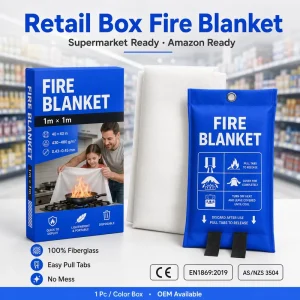 CE Certified 1m * 1m Fire Blankets 100% Fiberglass Retail Color Box for Kitchen Emergency Use