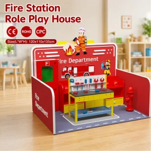 Children Fire Station Role Play Role House Set Wooden Educational Toy for Home Kindergarten Preschool Daycare Learning Activity