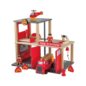 Children Wooden Fire Station Building Toy City Fire Man Pretending Toy