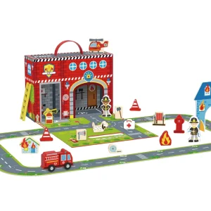 Children Wooden Fire Station Building Toy City Fire Man Pretending Toy Kids Parking Lot Toy E commerce