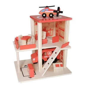 Children’s Occupation Role Playing Wooden Red Fire Station Play House Toy