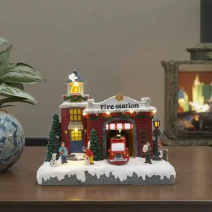 Christmas House Xmas Village Ornaments Interactive LED Christmas Fire Station Toy with Mobile Fire Trucks Figurine for Kids