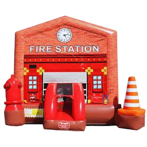 Commercial Grade Inflatable Red Fire Truck Bouncy Castle Outdoor Jumping Fire Station Bouncer House for Kid Party Event