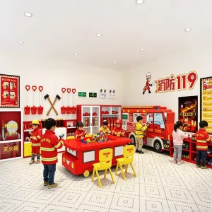 Commercial Wooden Fire Station Playhouse Kids Role Play House Indoor Playground Equipment
