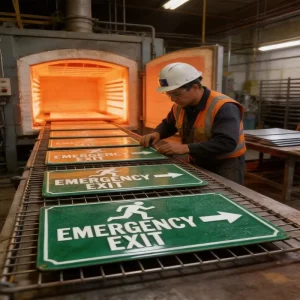 Custom 3D Embossed Emergency Exit Enamel Safety Sign Rectangular Green Building Escape Metal Plaque Free Sample OEM