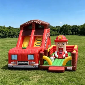 Custom Chateau Gonflable Fire Truck Bouncy Castle Fire Station Jumping Castle Outdoor Bounce House with Slide for Kids