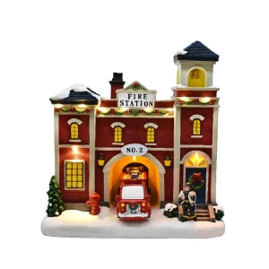 Custom Handcrafted Eco Friendly Fire Station House Stylish Fairy Design Christmas Village Resin with Fire Engine Access