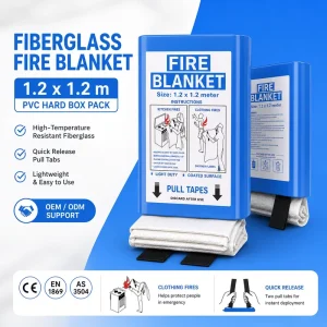 Custom OEM Fire Blanket Supplier 1.2*1.2m 0.43mm Fiberglass PVC Hard Case CE Certified Single Pack B2B
