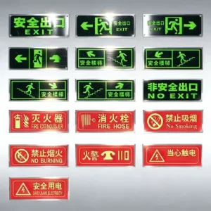 Custom PVC Safety Exit Sign Aluminum Edge Glow Dark Fire Safety Warning Label Plate for Commercial Buildings Printing