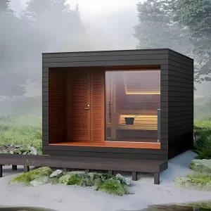 Customized Outdoor Cube Room in Red Cedar Spruce Hemlock with Stove Heating