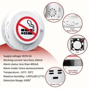Digital 4-in-1 Vape and Tobacco Smoke Detector High Sensitivity PM2.5 Monitor with Remote Control for Office Hotel Restroom