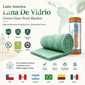 EN13501 Non combustible R122 50mm Green Glass Wool Roll Lana De Vidrio for Metal Building Roof Warehouse Bedroom