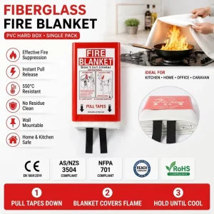 EN1869:2019 Approved 1.5m Fire Blanket PVC Box 430gsm Fiberglass Kitchen Emergency Single Unit