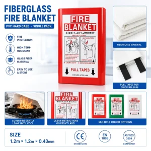 Emergency Escape Fire Blanket 1.2*1.2m 0.43mm Fiberglass PVC Hard Shell Box CE EN1869 Single Unit