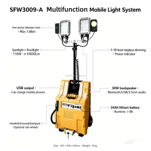 Emergency Mobile Lighting System Siren Loudspeaker 5 Stage Mast 360 Adjustable Head 8H Continuous Run IP65 Rated 6000K