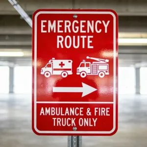 Fire Lane and Emergency Access Wayfinding Sign with Red Border and Strict No Parking Symbol Durable Metal