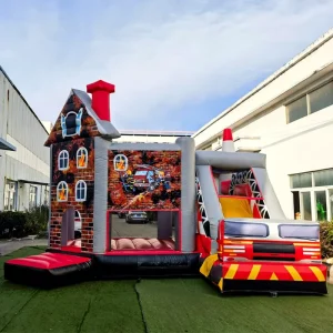 Fire Rescue Scene Inflatable Combo Burning House shaped Slide Set Jumping House Kids Immersive Bouncy House