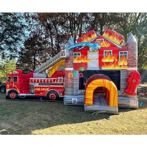Fire Truck Slide Inflatable Fire Station Combo Bounce House for Outdoor Playground Fun