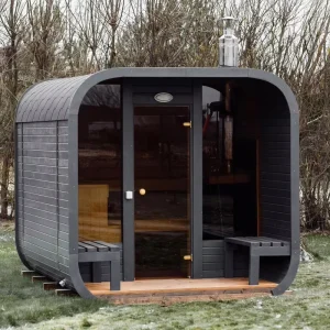 Forest Guesthouse Wood Fired Sauna Dark Gray Streamlined Modern Eco Friendly Apartment Outdoor Porch Leisure OEM Accepted Low