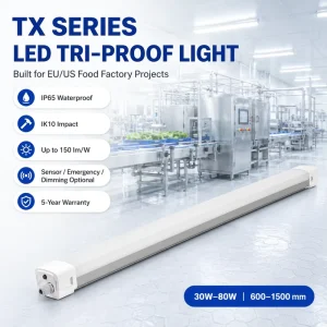 IP65 Hygienic LED Tri Proof Light IK10 Anti UV Housing 5-Year Warranty DALI 0/1-10V Dimming for Food Processing