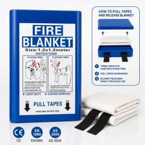 Industrial Workplace Emergency Fire Blanket 1.2m Fiberglass 0.43mm Rigid PVC Box Single Pack EN1869 CE Bulk Supply