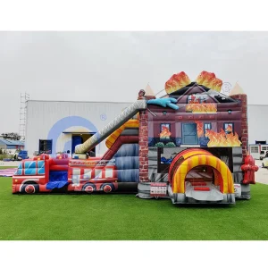 Kids Fire Truck Inflatable Bounce House with Slide and Firefighter Rescue Playhouse Theme for Backyard Parties and Event Rentals