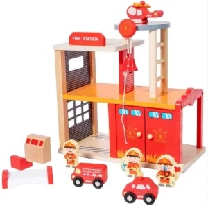 Kids Role Play Wooden Fire Police Station House Toy Children’S Parking Educational Playing Game Toy Set