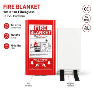 Kitchen Emergency Fire Blanket 1*1m Fiberglass CE Certified PVC Hard Box Fast Pull Tabs Design