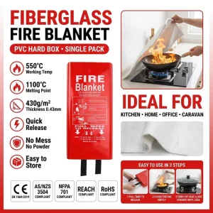 Moisture Proof PVC Hard Box 1.5m Fiberglass Fire Blanket 0.43mm CE EN1869 Long Shelf Life Safety